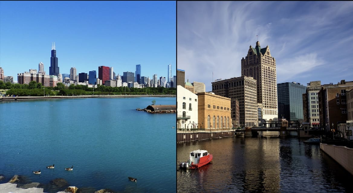 A picture of downtown Chicago and downtown Milwaukee.