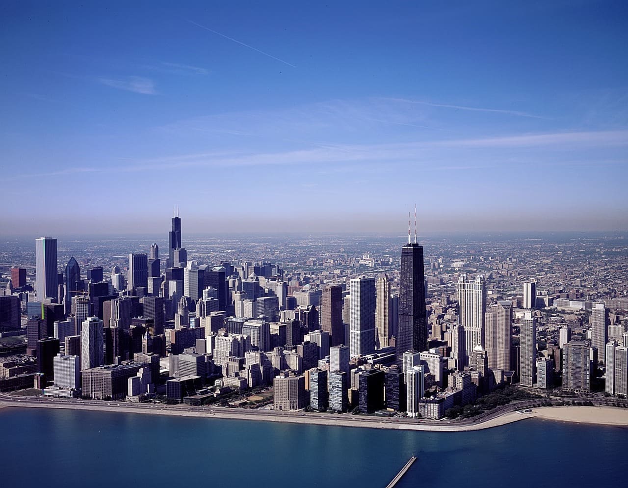 A bird's eye view of Chicago taken above Lake Michigan.