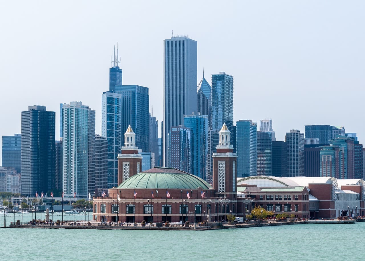 The skyline of Chicago with Navy Pier in the foreground.