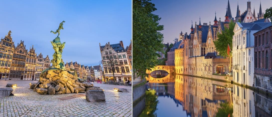 Two images showing Antwerp and Bruges