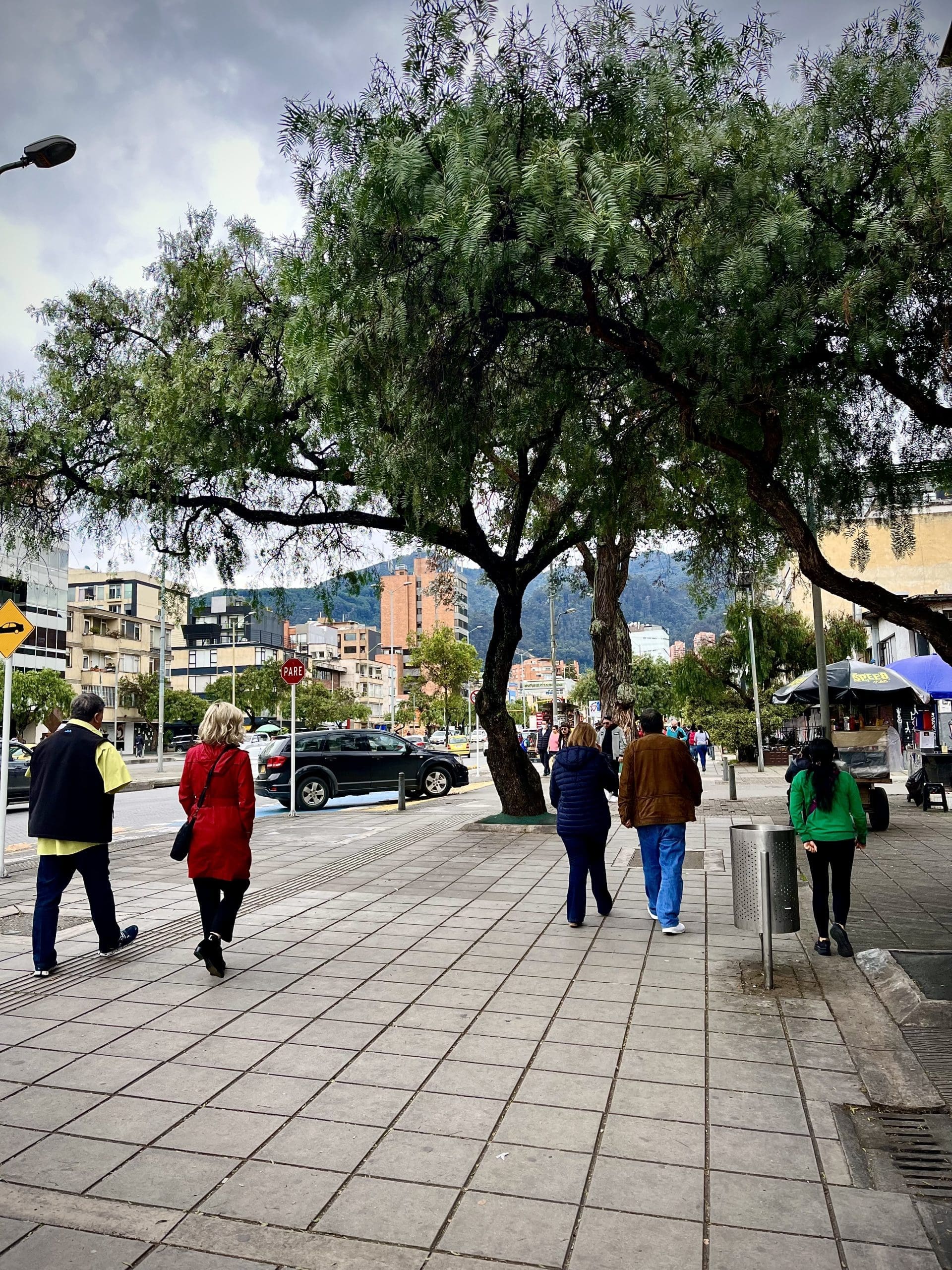 People walking down a street in Zona Rosa, Bogota, Colombia