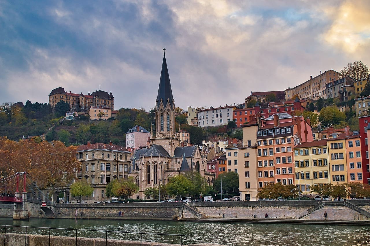 Buildings along a river in Lyon, France.