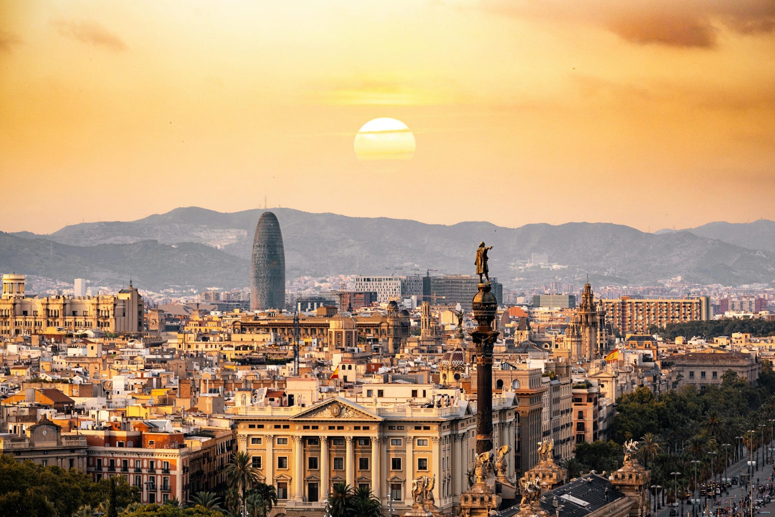 An image of Barcelona at sunset.