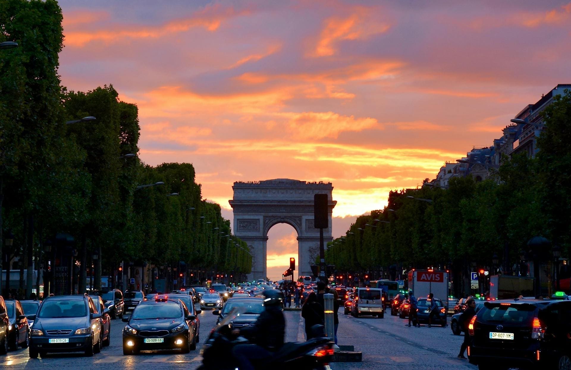 The Arc de Triomphe at night.