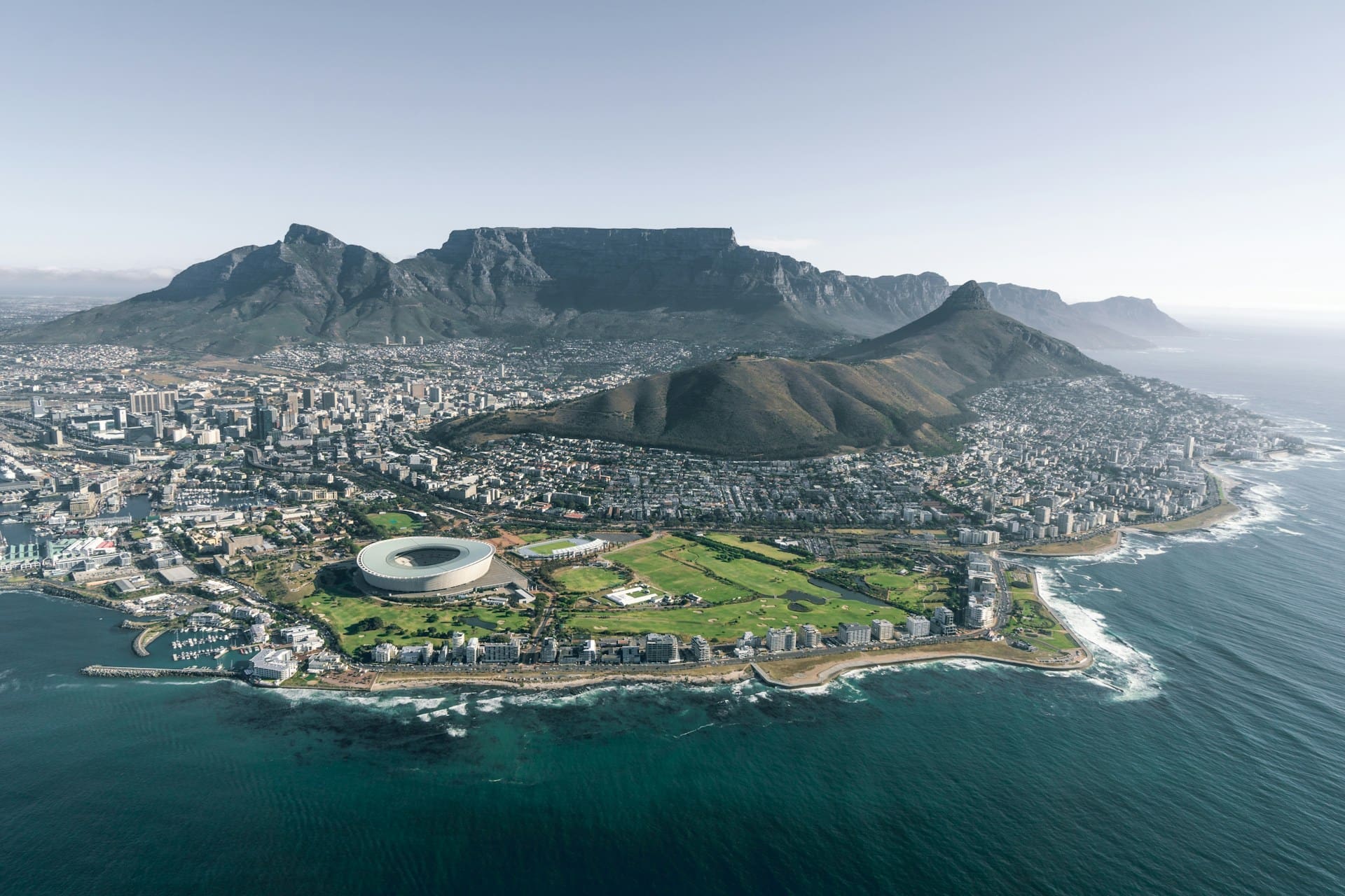 A bird's eye view photo of Cape Town, South Africa.