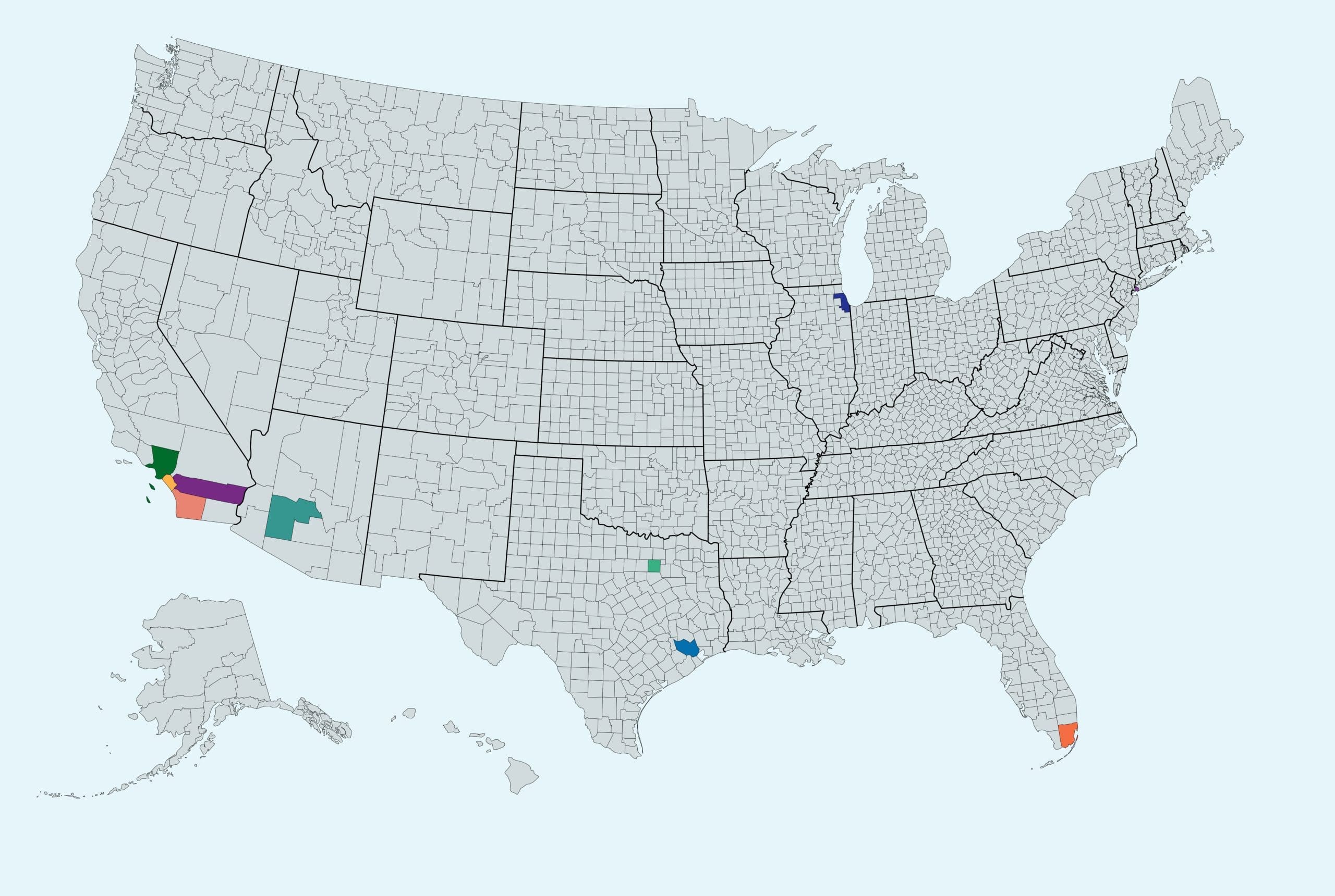 A map showing the most populated counties in the US.