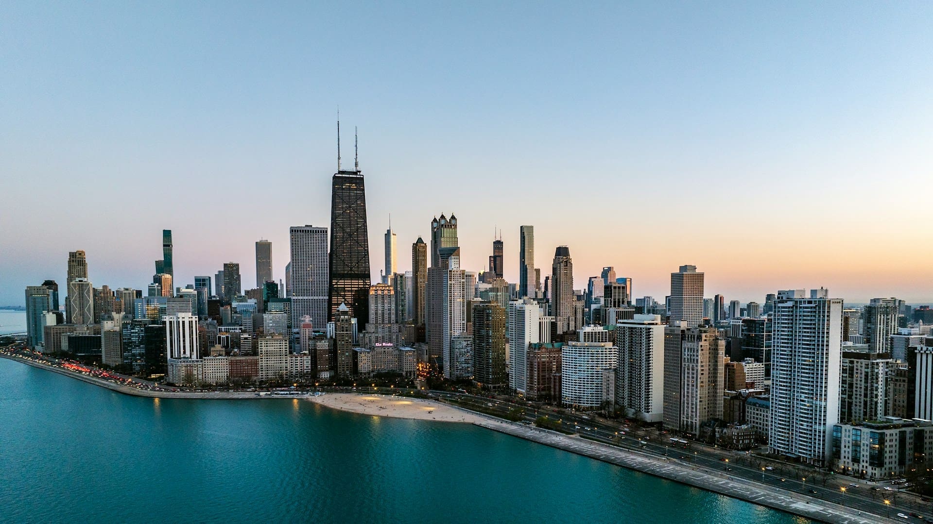 An image of the Chicago skyline at sunset.