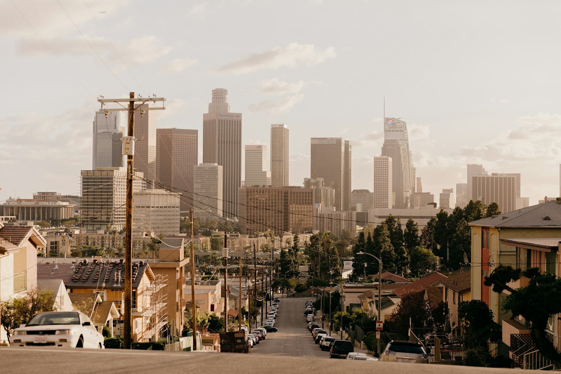 An image of a street in Los Angeles with downtown in the distance.
